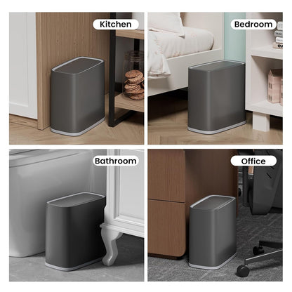 Small Bathroom Trash Can with Lid and Wheels, 8L / 2.1 Gal, Plastic, Gray