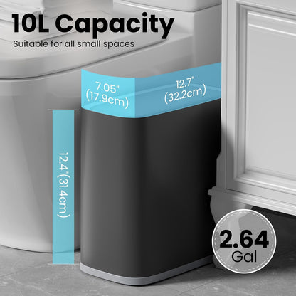 Small Bathroom Trash Can with Lid and Wheels, 8L / 2.1 Gal, Plastic, Gray
