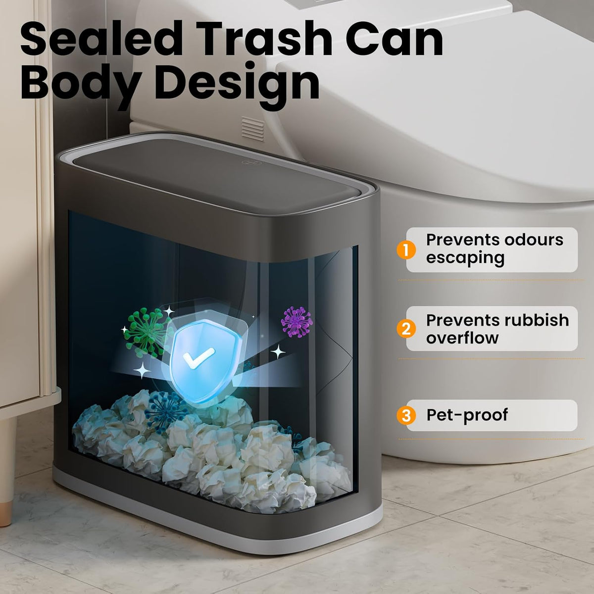 Small Bathroom Trash Can with Lid and Wheels, 8L / 2.1 Gal, Plastic, Gray