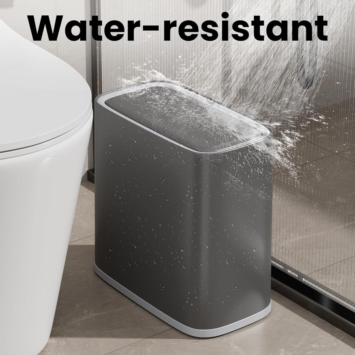 Small Bathroom Trash Can with Lid and Wheels, 8L / 2.1 Gal, Plastic, Gray