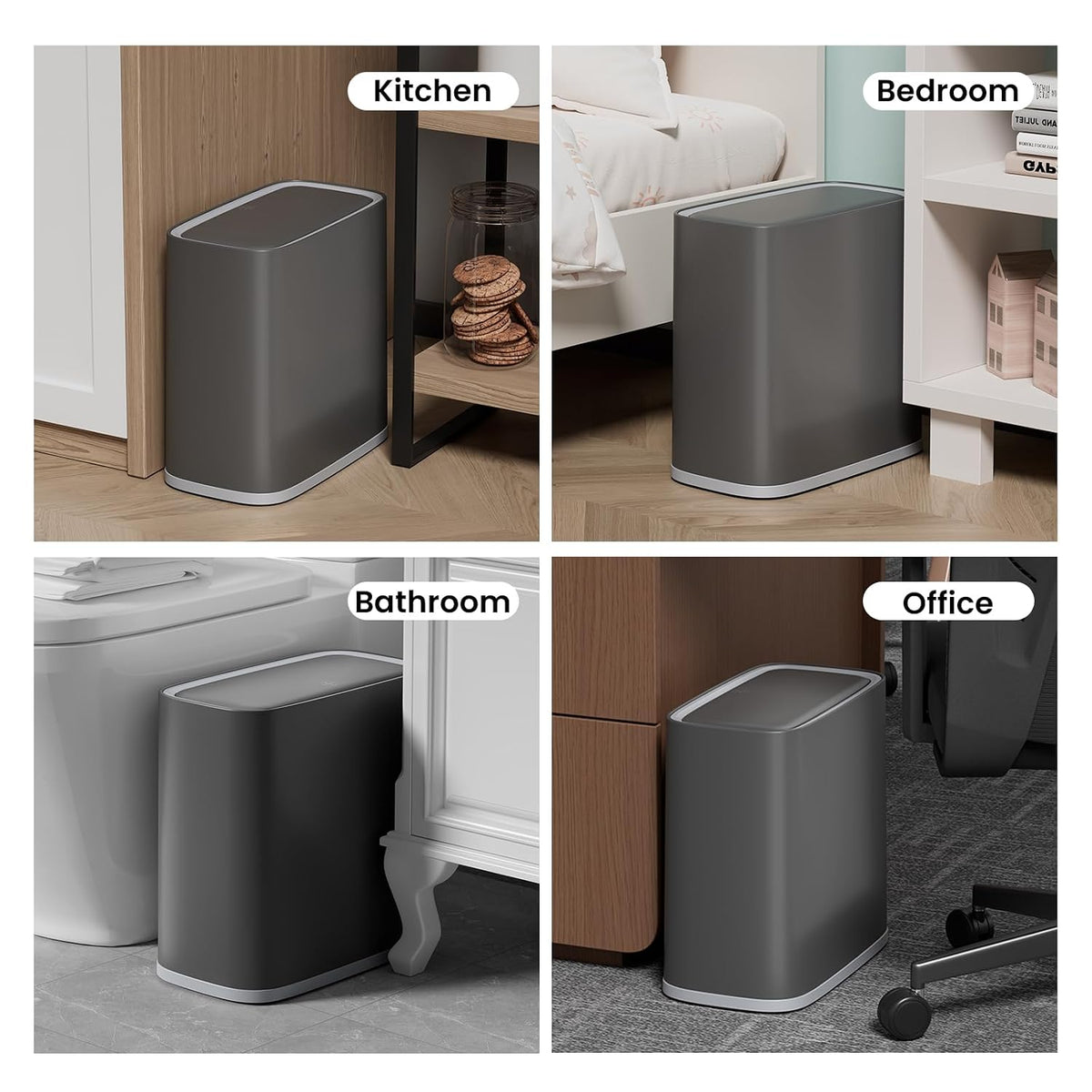Small Bathroom Trash Can with Lid and Wheels, 8L / 2.1 Gal, Plastic, Gray