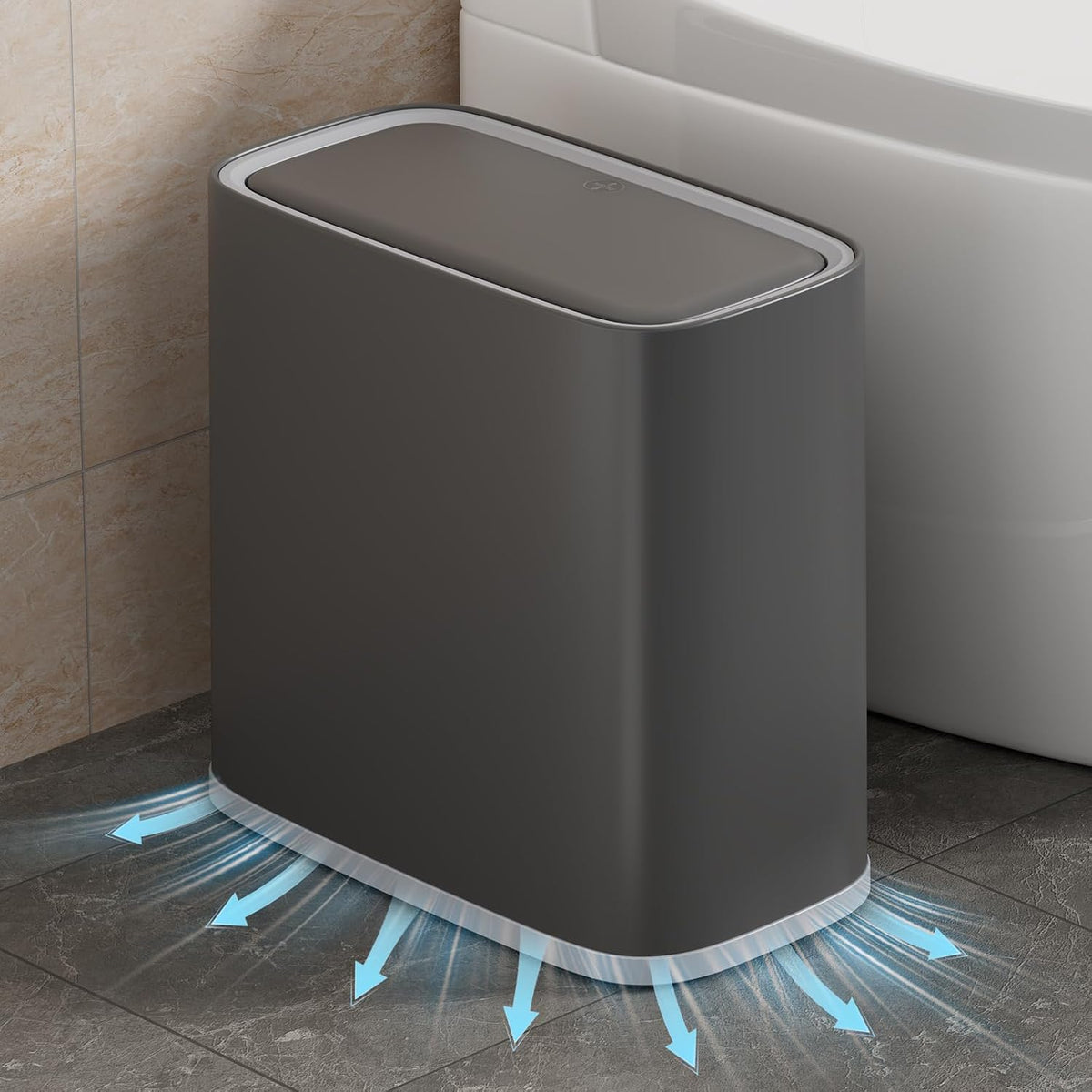 Small Bathroom Trash Can with Lid and Wheels, 8L / 2.1 Gal, Plastic, Gray