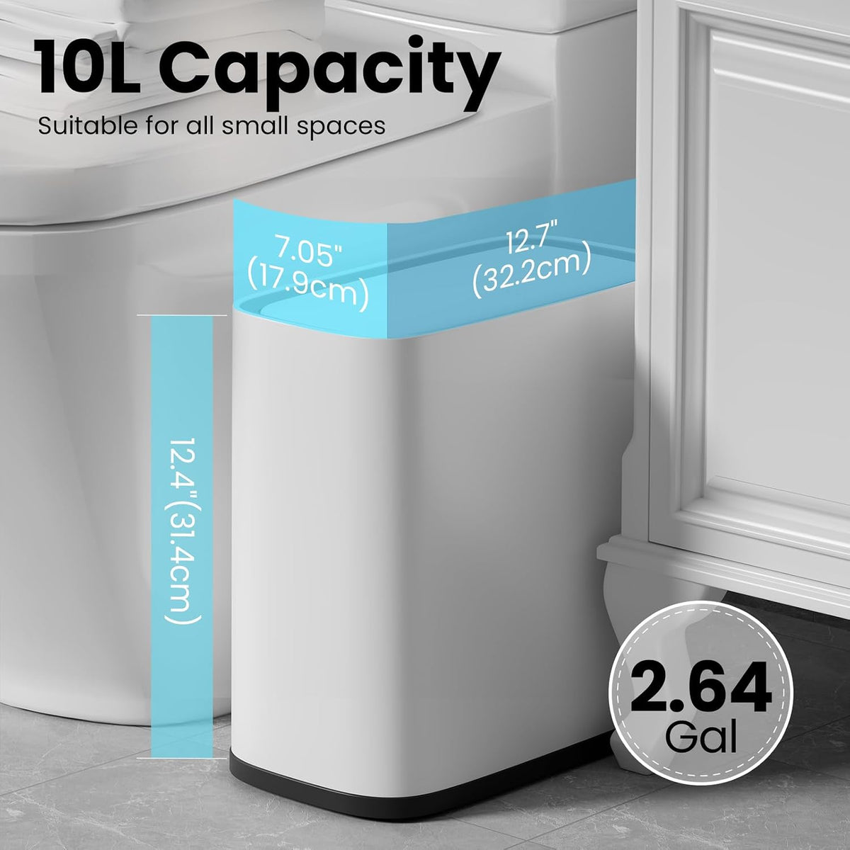 Small Bathroom Trash Can with Lid and Wheels, 8L / 2.1 Gal, Plastic, Gray