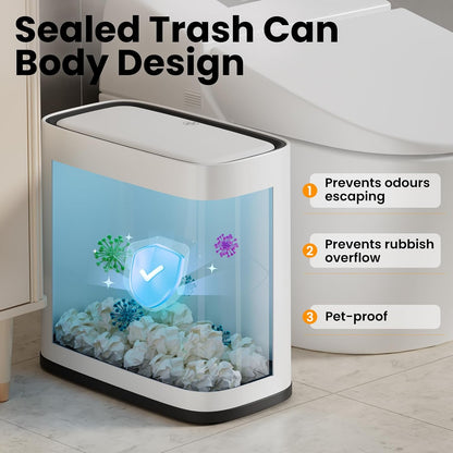Small Bathroom Trash Can with Lid and Wheels, 8L / 2.1 Gal, Plastic, Gray
