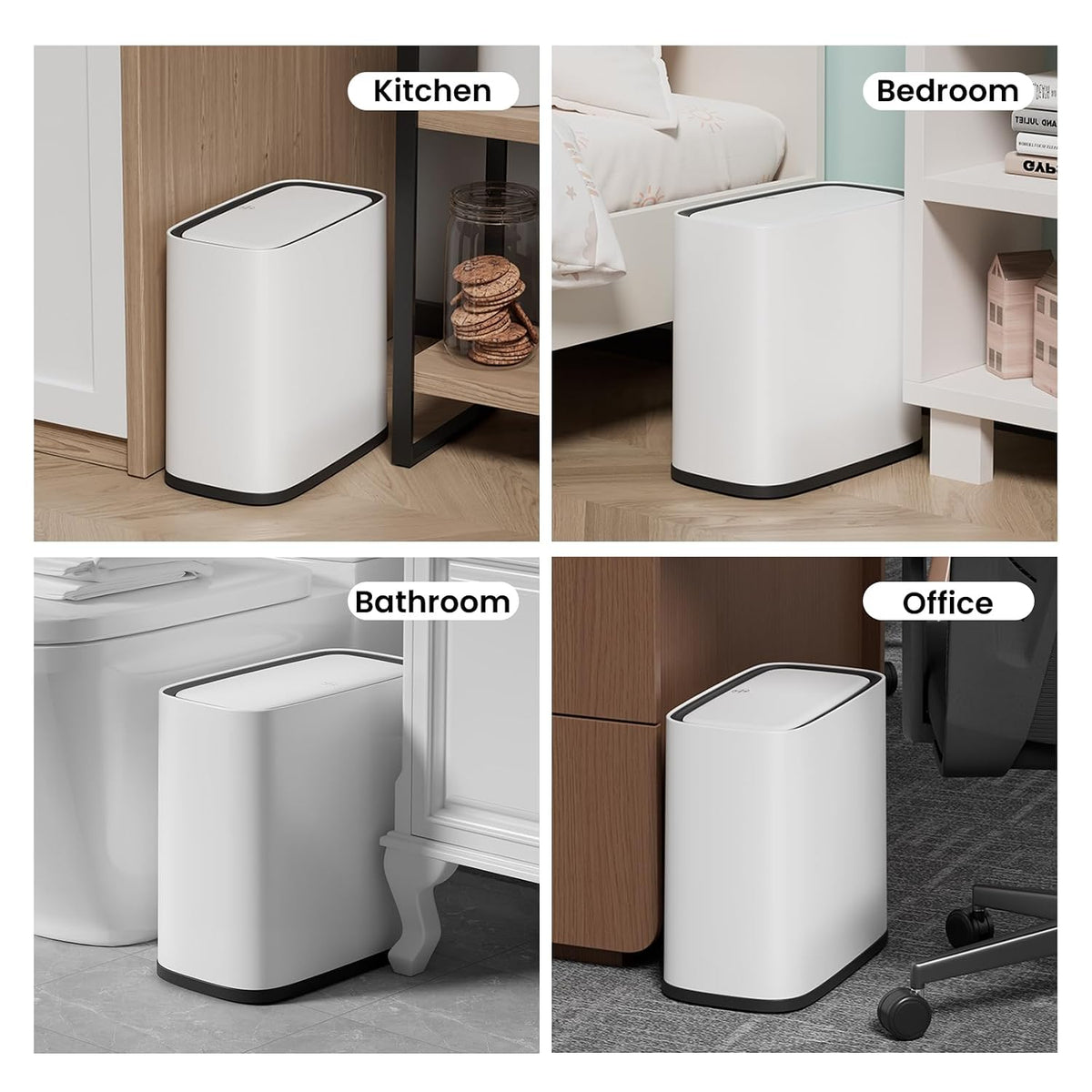Small Bathroom Trash Can with Lid and Wheels, 8L / 2.1 Gal, Plastic, Gray