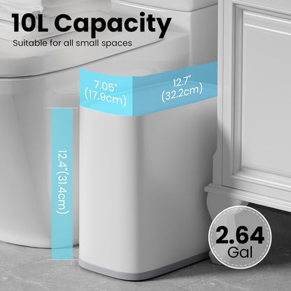 Small Bathroom Trash Can with Lid and Wheels, 8L / 2.1 Gal, Plastic, Gray