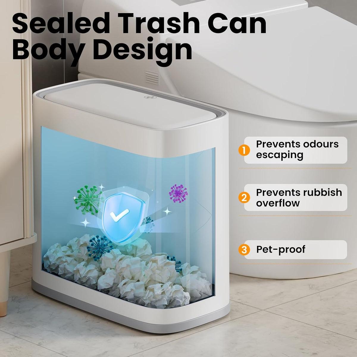 Small Bathroom Trash Can with Lid and Wheels, 8L / 2.1 Gal, Plastic, Gray