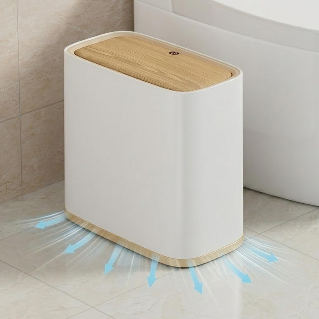 Small Bathroom Trash Can with Lid and Wheels, 8L / 2.1 Gal, Plastic, Gray