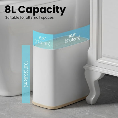 Small Bathroom Trash Can with Lid and Wheels, 8L / 2.1 Gal, Plastic, Gray