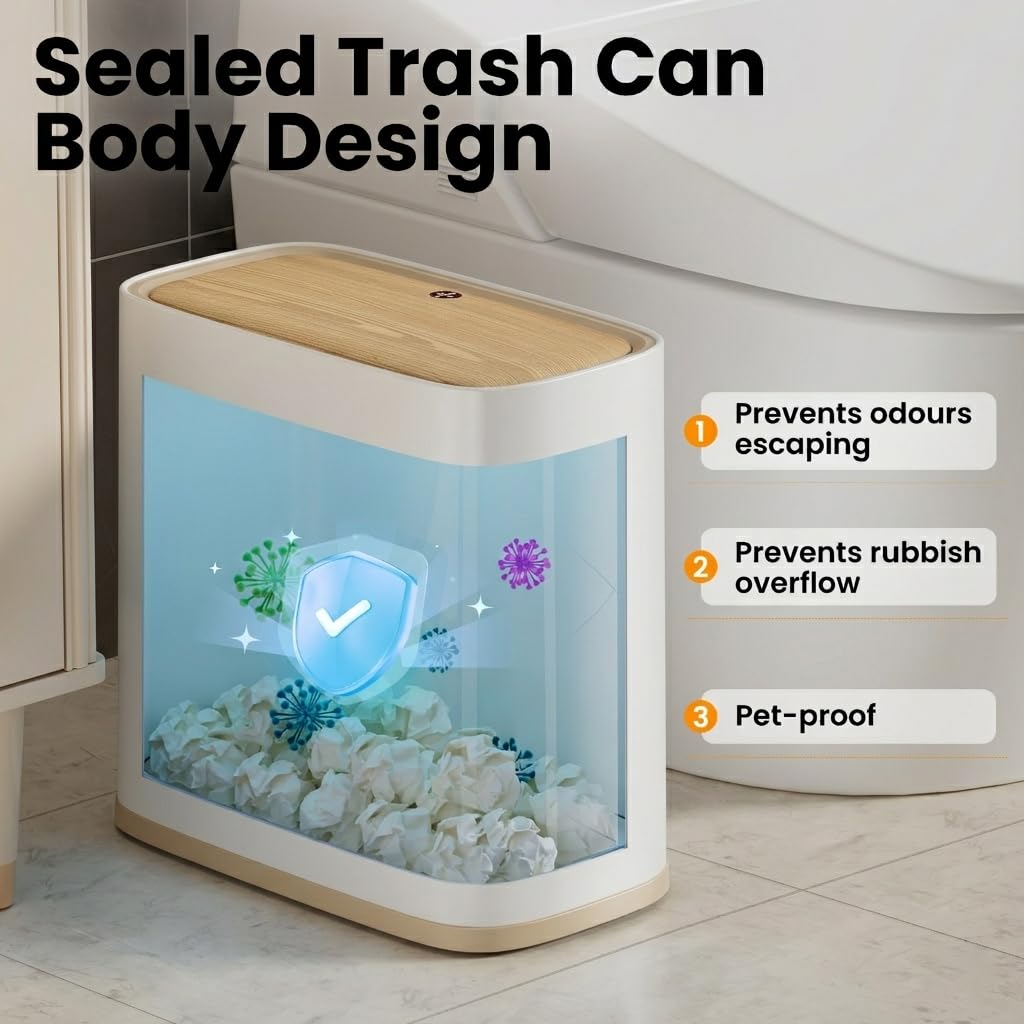 Small Bathroom Trash Can with Lid and Wheels, 8L / 2.1 Gal, Plastic, Gray