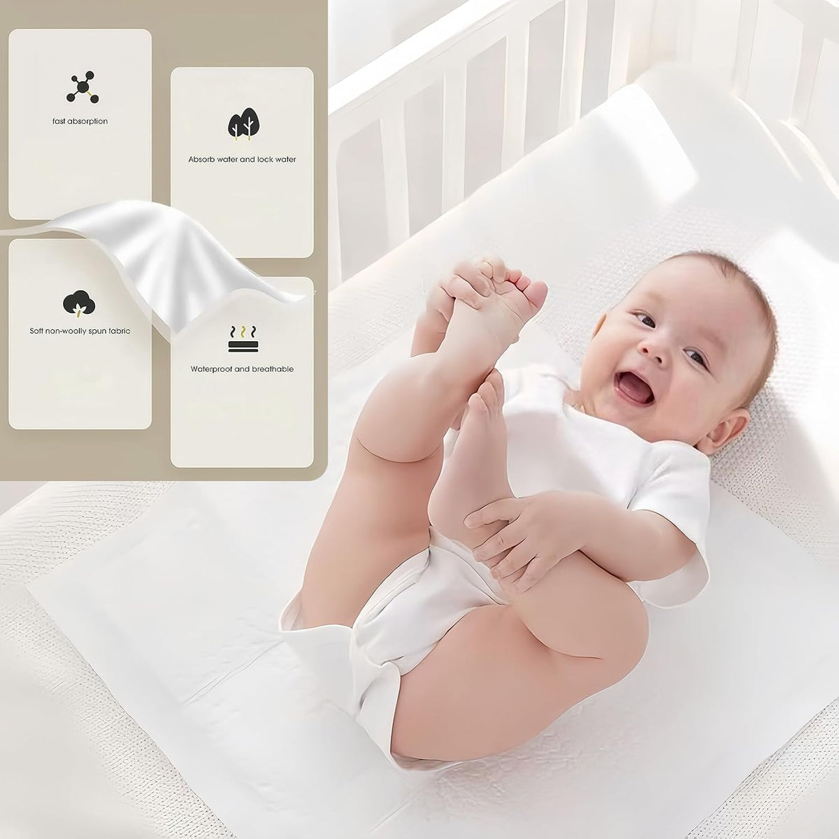 Disposable Changing Pad Liners Super Soft, Disposable Changing Pads, Ultra Absorbent & Waterproof - Covers Any Surface for Mess Free Baby Diaper Changes (White)