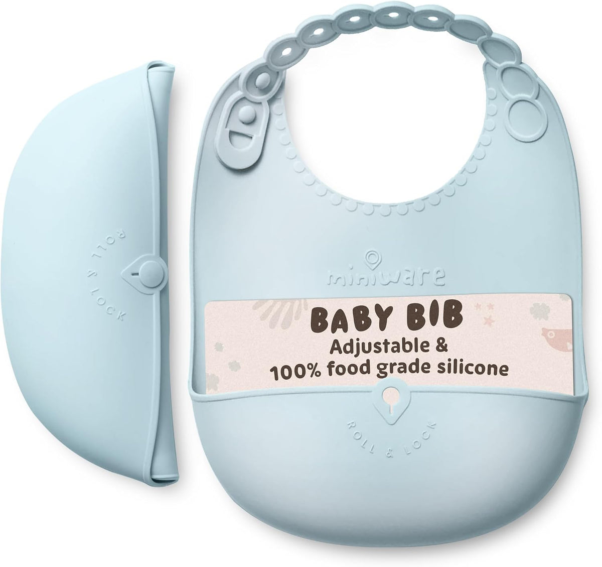 Roll & Lock Silicone Baby Bib, Easy Mealtime Cleanup - Food-Grade Adjustable Neck Strap and Food Catcher