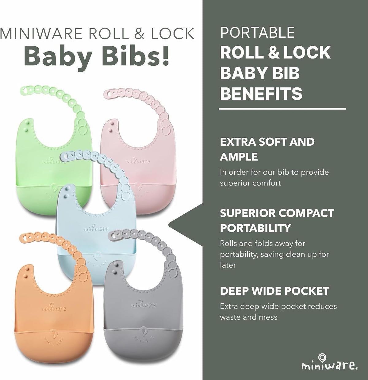 Roll & Lock Silicone Baby Bib, Easy Mealtime Cleanup - Food-Grade Adjustable Neck Strap and Food Catcher