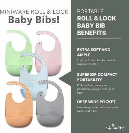 Roll & Lock Silicone Baby Bib, Easy Mealtime Cleanup - Food-Grade Adjustable Neck Strap and Food Catcher