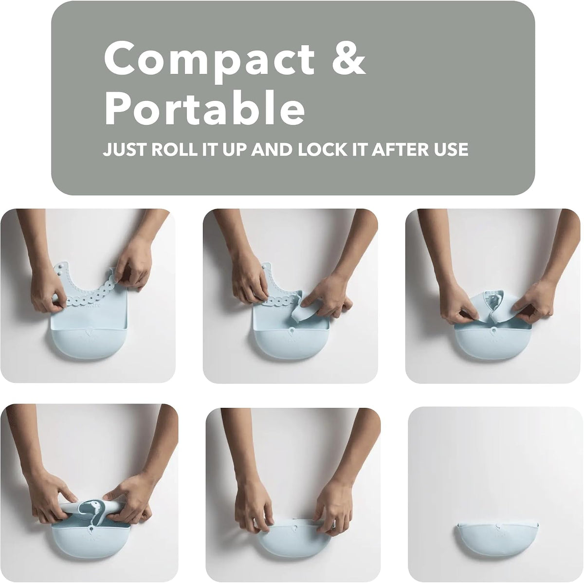 Roll & Lock Silicone Baby Bib, Easy Mealtime Cleanup - Food-Grade Adjustable Neck Strap and Food Catcher