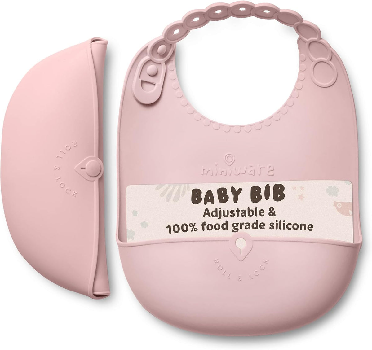 Roll & Lock Silicone Baby Bib, Easy Mealtime Cleanup - Food-Grade Adjustable Neck Strap and Food Catcher