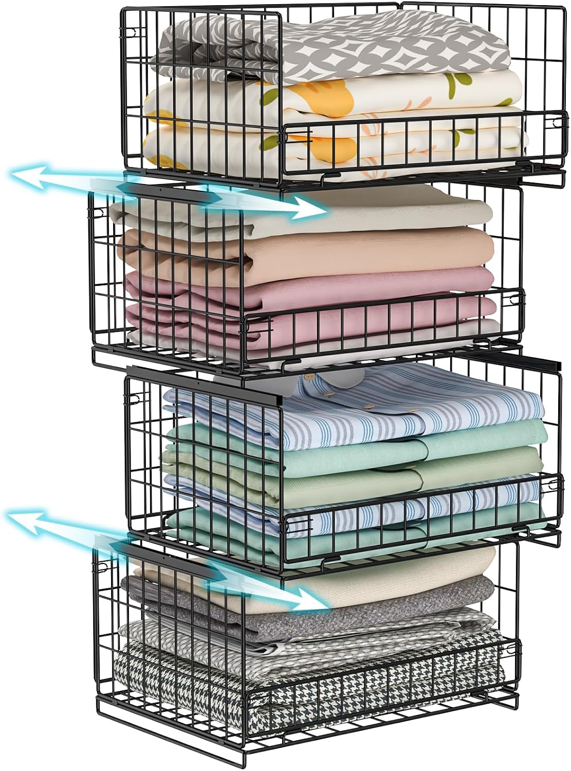 4-Tier Closet Organizers and Storage Basket with Divider, Foldable Closet Shelf Organizer System, Space-Saving Clothes Storage Drawer Organizer Bins for Wardrobe Cupboard, White