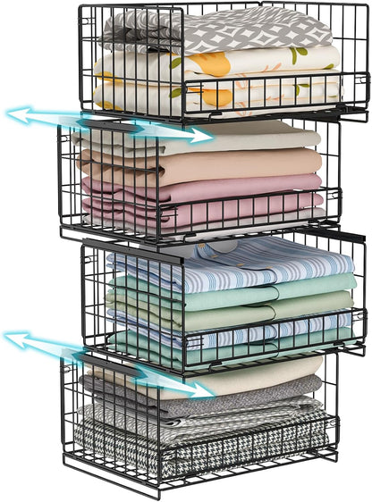 4-Tier Closet Organizers and Storage Basket with Divider, Foldable Closet Shelf Organizer System, Space-Saving Clothes Storage Drawer Organizer Bins for Wardrobe Cupboard, White