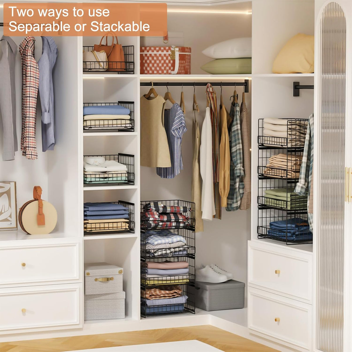 4-Tier Closet Organizers and Storage Basket with Divider, Foldable Closet Shelf Organizer System, Space-Saving Clothes Storage Drawer Organizer Bins for Wardrobe Cupboard, White