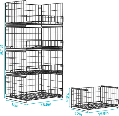 4-Tier Closet Organizers and Storage Basket with Divider, Foldable Closet Shelf Organizer System, Space-Saving Clothes Storage Drawer Organizer Bins for Wardrobe Cupboard, White