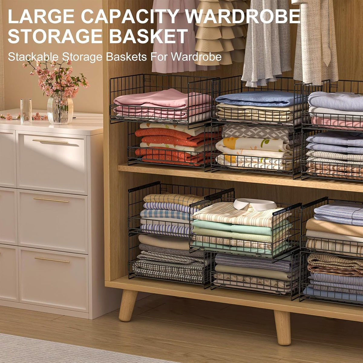 4-Tier Closet Organizers and Storage Basket with Divider, Foldable Closet Shelf Organizer System, Space-Saving Clothes Storage Drawer Organizer Bins for Wardrobe Cupboard, White