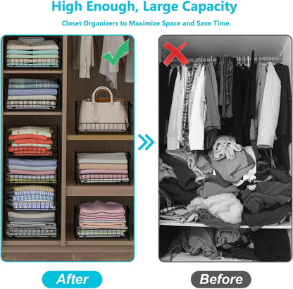 4-Tier Closet Organizers and Storage Basket with Divider, Foldable Closet Shelf Organizer System, Space-Saving Clothes Storage Drawer Organizer Bins for Wardrobe Cupboard, White