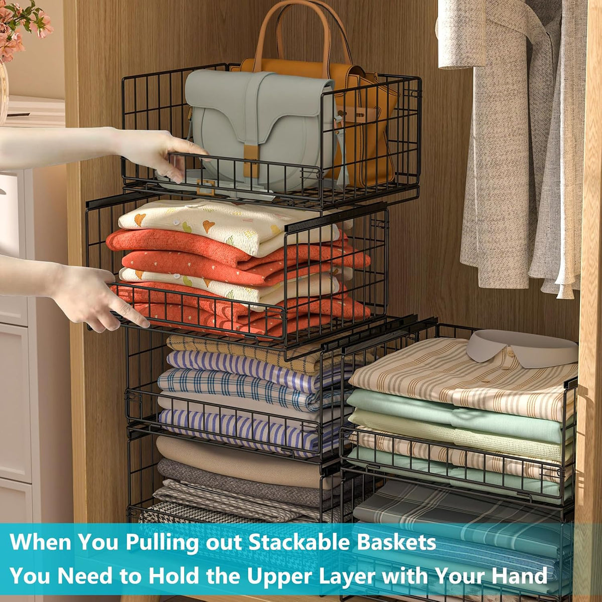 4-Tier Closet Organizers and Storage Basket with Divider, Foldable Closet Shelf Organizer System, Space-Saving Clothes Storage Drawer Organizer Bins for Wardrobe Cupboard, White