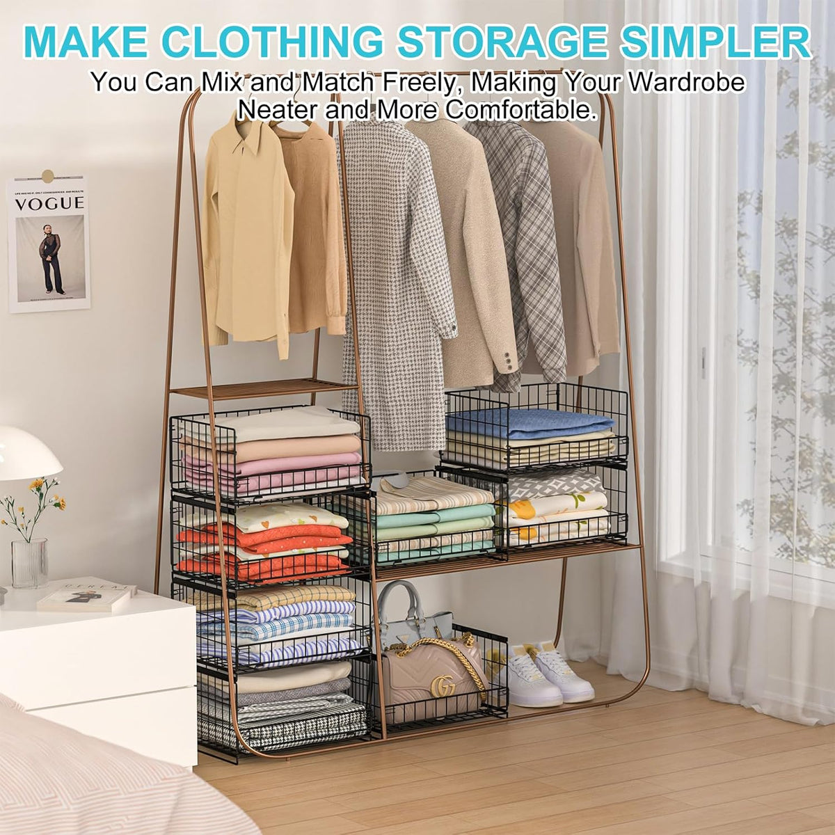 4-Tier Closet Organizers and Storage Basket with Divider, Foldable Closet Shelf Organizer System, Space-Saving Clothes Storage Drawer Organizer Bins for Wardrobe Cupboard, White