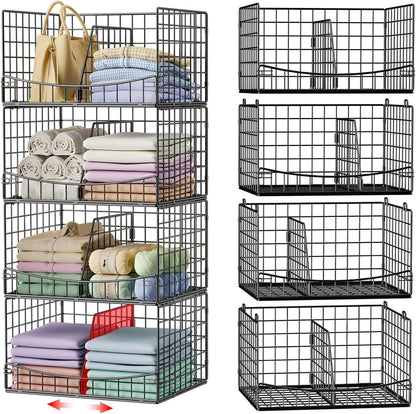 4-Tier Closet Organizers and Storage Basket with Divider, Foldable Closet Shelf Organizer System, Space-Saving Clothes Storage Drawer Organizer Bins for Wardrobe Cupboard, White
