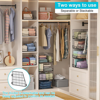 4-Tier Closet Organizers and Storage Basket with Divider, Foldable Closet Shelf Organizer System, Space-Saving Clothes Storage Drawer Organizer Bins for Wardrobe Cupboard, White
