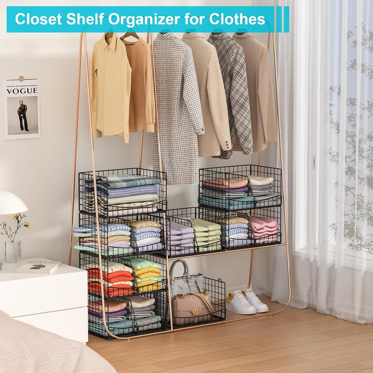4-Tier Closet Organizers and Storage Basket with Divider, Foldable Closet Shelf Organizer System, Space-Saving Clothes Storage Drawer Organizer Bins for Wardrobe Cupboard, White