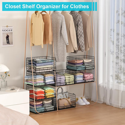 4-Tier Closet Organizers and Storage Basket with Divider, Foldable Closet Shelf Organizer System, Space-Saving Clothes Storage Drawer Organizer Bins for Wardrobe Cupboard, White