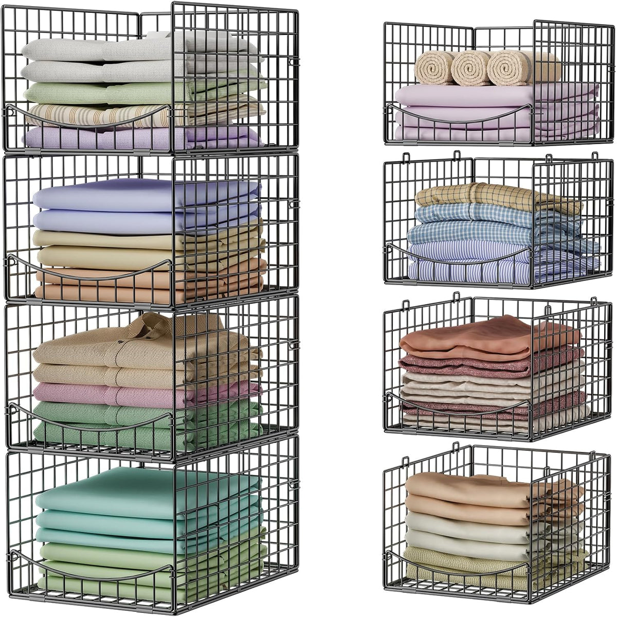 4-Tier Closet Organizers and Storage Basket with Divider, Foldable Closet Shelf Organizer System, Space-Saving Clothes Storage Drawer Organizer Bins for Wardrobe Cupboard, White