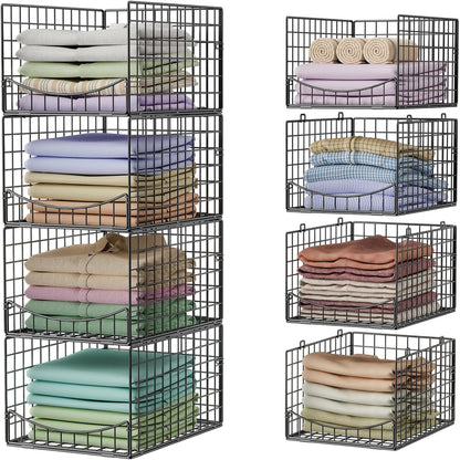 4-Tier Closet Organizers and Storage Basket with Divider, Foldable Closet Shelf Organizer System, Space-Saving Clothes Storage Drawer Organizer Bins for Wardrobe Cupboard, White