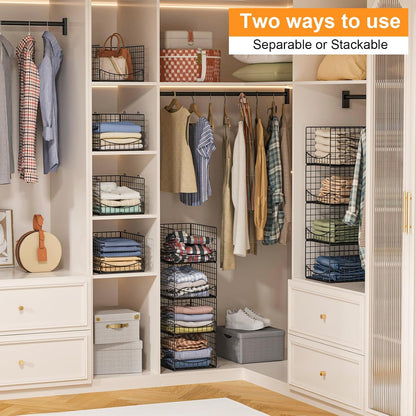 4-Tier Closet Organizers and Storage Basket with Divider, Foldable Closet Shelf Organizer System, Space-Saving Clothes Storage Drawer Organizer Bins for Wardrobe Cupboard, White