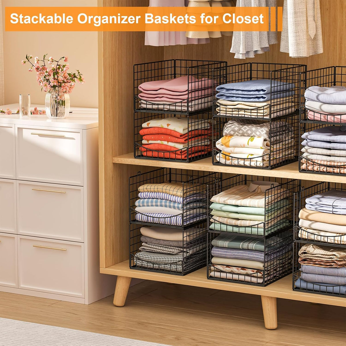 4-Tier Closet Organizers and Storage Basket with Divider, Foldable Closet Shelf Organizer System, Space-Saving Clothes Storage Drawer Organizer Bins for Wardrobe Cupboard, White