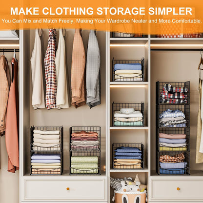 4-Tier Closet Organizers and Storage Basket with Divider, Foldable Closet Shelf Organizer System, Space-Saving Clothes Storage Drawer Organizer Bins for Wardrobe Cupboard, White