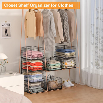 4-Tier Closet Organizers and Storage Basket with Divider, Foldable Closet Shelf Organizer System, Space-Saving Clothes Storage Drawer Organizer Bins for Wardrobe Cupboard, White