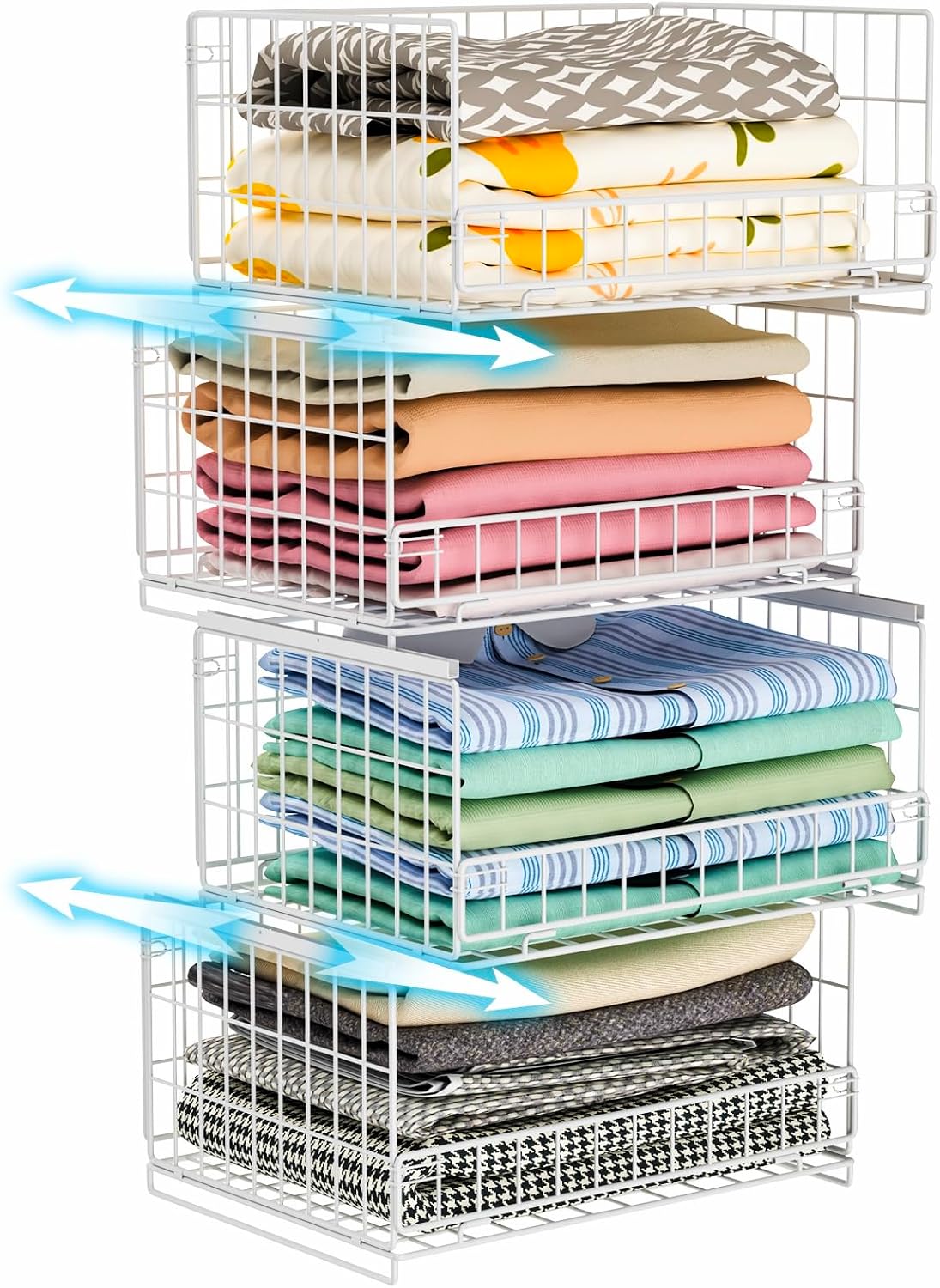 4-Tier Closet Organizers and Storage Basket with Divider, Foldable Closet Shelf Organizer System, Space-Saving Clothes Storage Drawer Organizer Bins for Wardrobe Cupboard, White