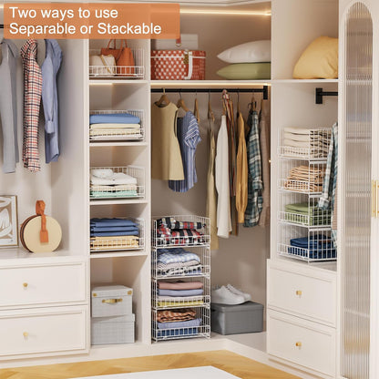 4-Tier Closet Organizers and Storage Basket with Divider, Foldable Closet Shelf Organizer System, Space-Saving Clothes Storage Drawer Organizer Bins for Wardrobe Cupboard, White