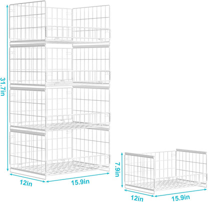 4-Tier Closet Organizers and Storage Basket with Divider, Foldable Closet Shelf Organizer System, Space-Saving Clothes Storage Drawer Organizer Bins for Wardrobe Cupboard, White