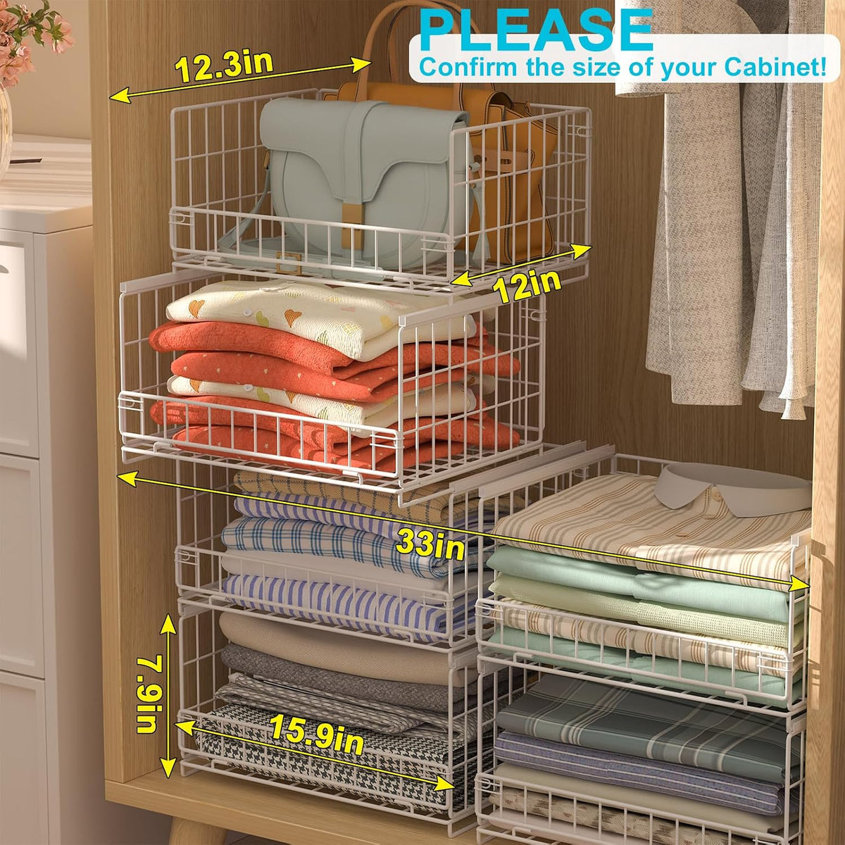 4-Tier Closet Organizers and Storage Basket with Divider, Foldable Closet Shelf Organizer System, Space-Saving Clothes Storage Drawer Organizer Bins for Wardrobe Cupboard, White