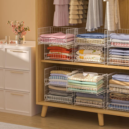 4-Tier Closet Organizers and Storage Basket with Divider, Foldable Closet Shelf Organizer System, Space-Saving Clothes Storage Drawer Organizer Bins for Wardrobe Cupboard, White