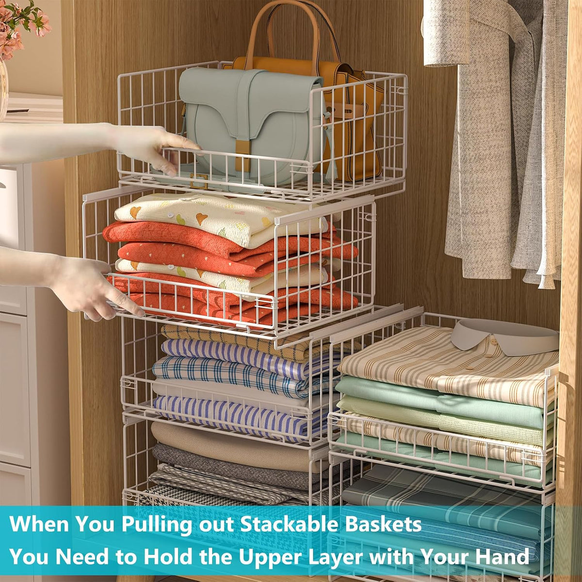 4-Tier Closet Organizers and Storage Basket with Divider, Foldable Closet Shelf Organizer System, Space-Saving Clothes Storage Drawer Organizer Bins for Wardrobe Cupboard, White