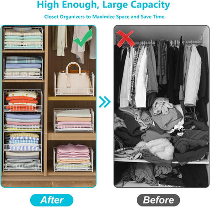 4-Tier Closet Organizers and Storage Basket with Divider, Foldable Closet Shelf Organizer System, Space-Saving Clothes Storage Drawer Organizer Bins for Wardrobe Cupboard, White