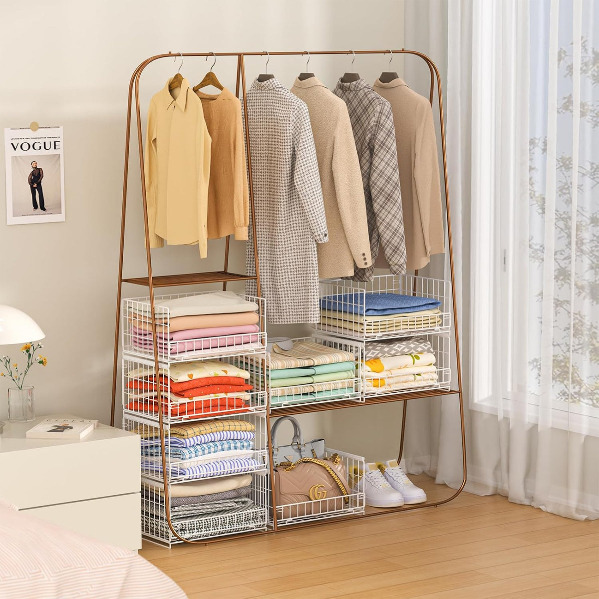4-Tier Closet Organizers and Storage Basket with Divider, Foldable Closet Shelf Organizer System, Space-Saving Clothes Storage Drawer Organizer Bins for Wardrobe Cupboard, White