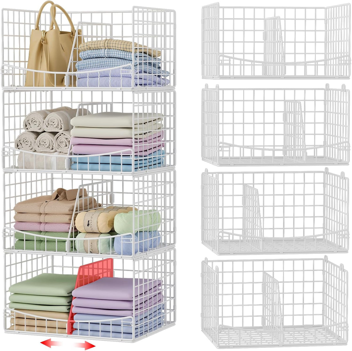 4-Tier Closet Organizers and Storage Basket with Divider, Foldable Closet Shelf Organizer System, Space-Saving Clothes Storage Drawer Organizer Bins for Wardrobe Cupboard, White