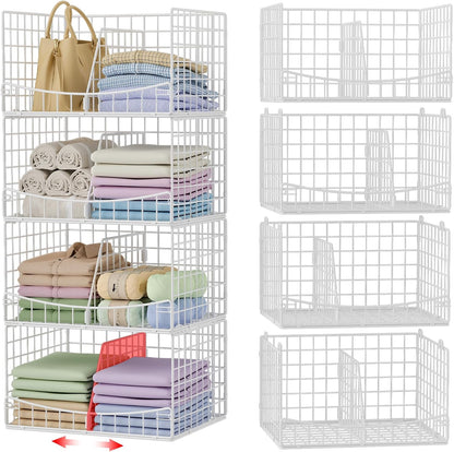 4-Tier Closet Organizers and Storage Basket with Divider, Foldable Closet Shelf Organizer System, Space-Saving Clothes Storage Drawer Organizer Bins for Wardrobe Cupboard, White
