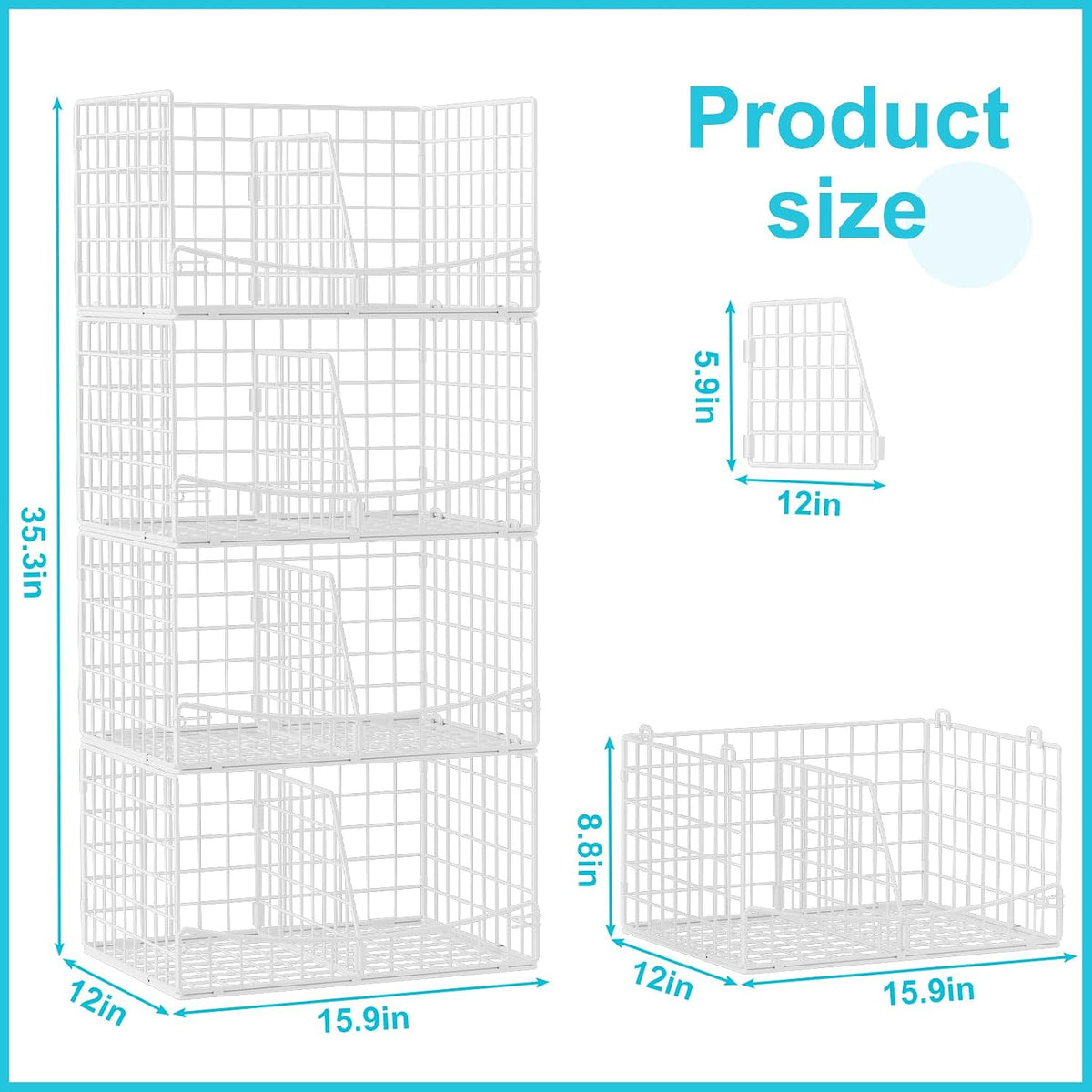 4-Tier Closet Organizers and Storage Basket with Divider, Foldable Closet Shelf Organizer System, Space-Saving Clothes Storage Drawer Organizer Bins for Wardrobe Cupboard, White