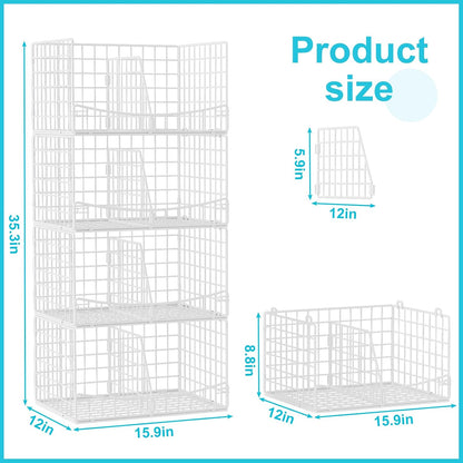 4-Tier Closet Organizers and Storage Basket with Divider, Foldable Closet Shelf Organizer System, Space-Saving Clothes Storage Drawer Organizer Bins for Wardrobe Cupboard, White